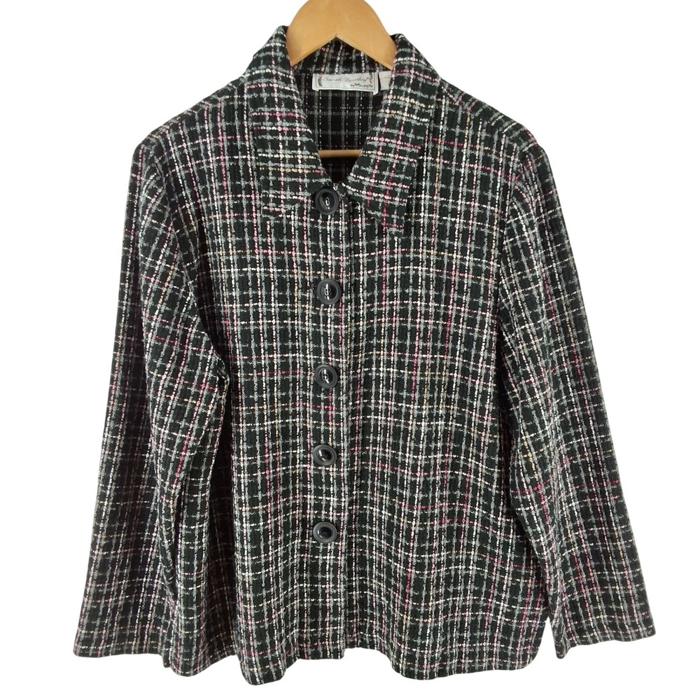 Sarah Bentley Black Pink Plaid Boucle Knit Button Cardigan Jacket XL